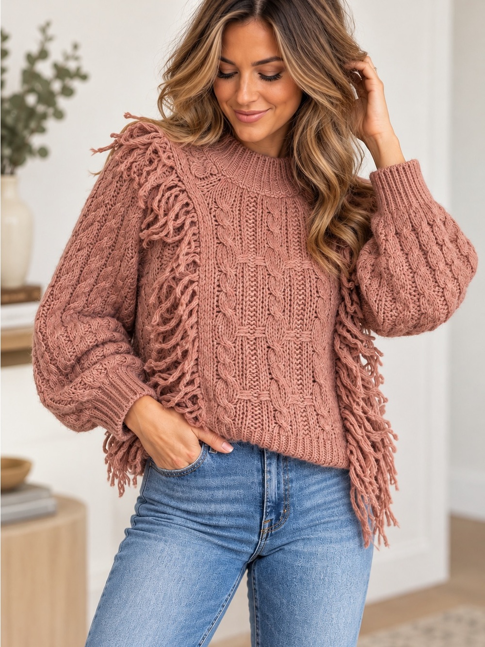 ASOS Dusty Rose Cable Knit Fringe Sweater Boho Chunky Pullover Size 6